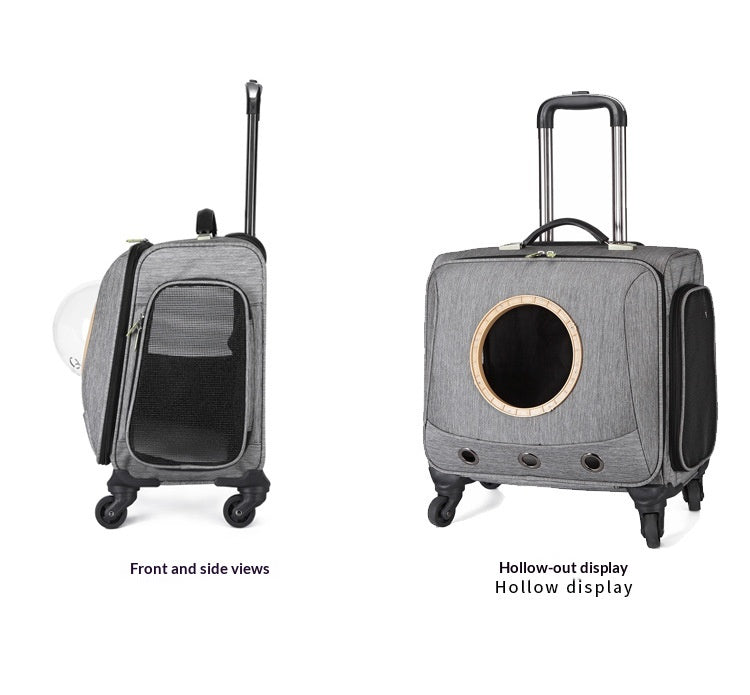 Light gray pet travel carrier front and side views with round window and mesh door