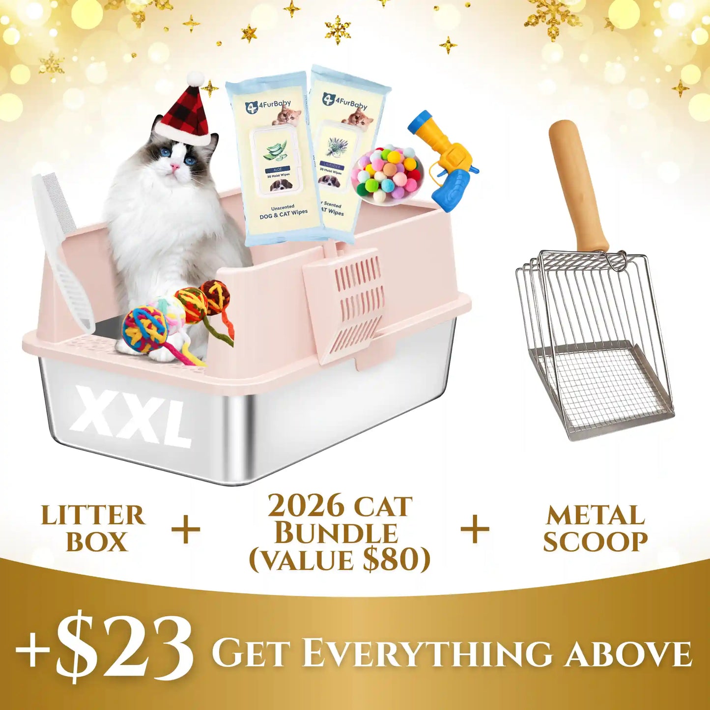 Pink XXL stainless steel cat litter box with front door and metal scoop