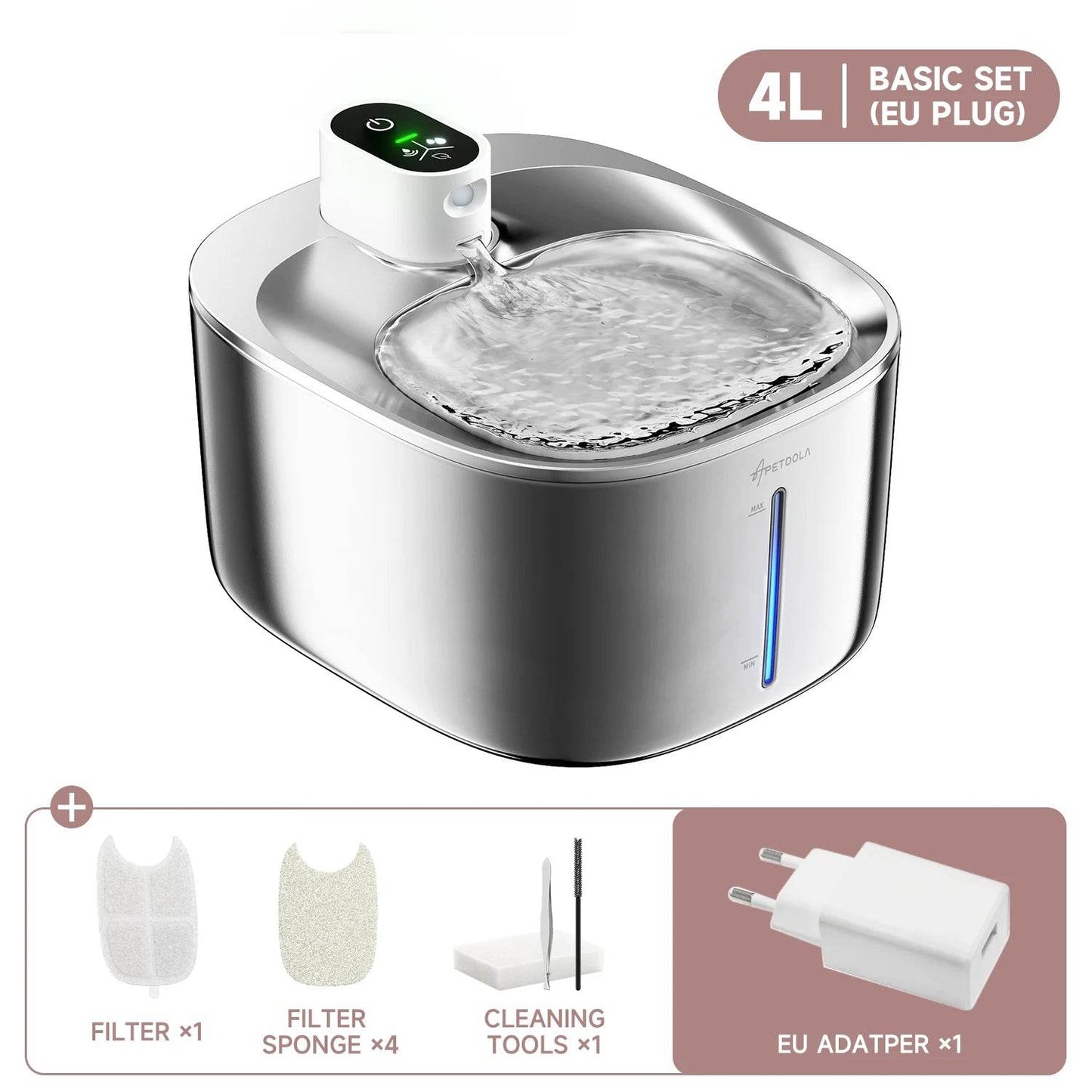 Stainless steel 4L cordless pet water fountain with filters, cleaning tools, and EU adapter