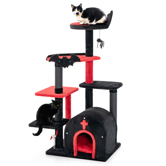 Black cat tower with red platforms, arch-shaped condo, and scratching posts