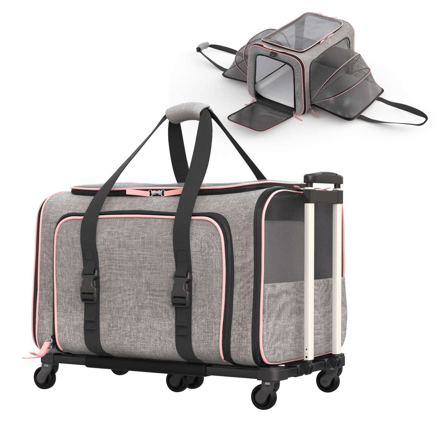 Gray and pink wheeled pet carrier with clear front window, straps, and telescoping handle