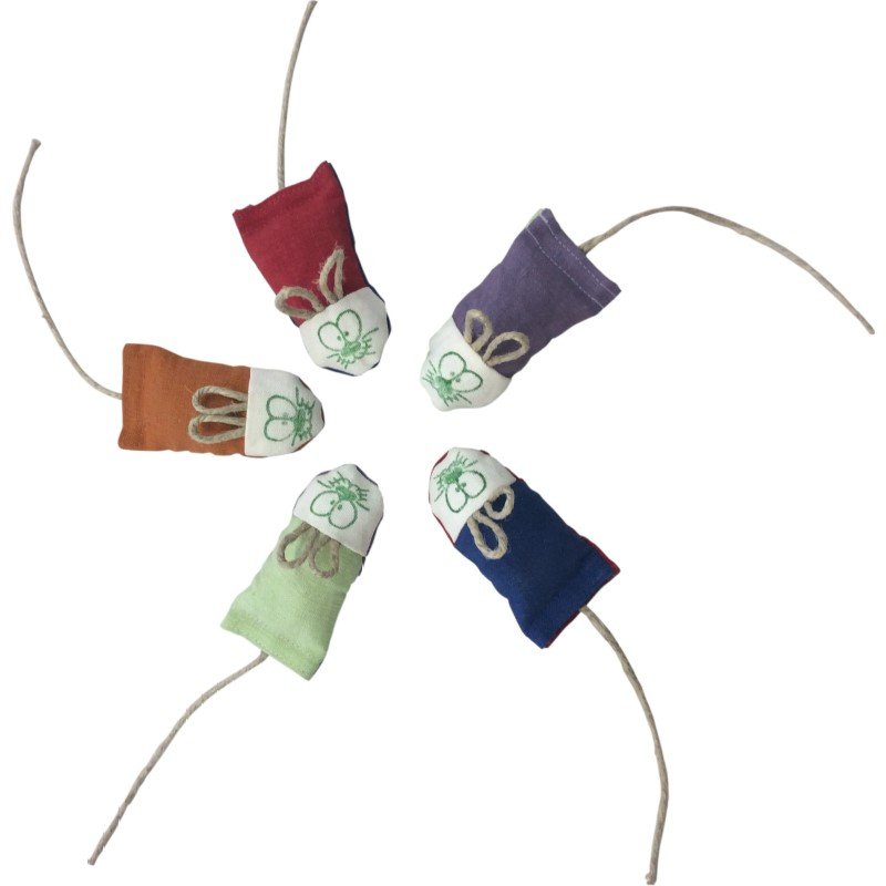Catnip mouse toy assortment in red, orange, green, purple, and blue with yarn tails