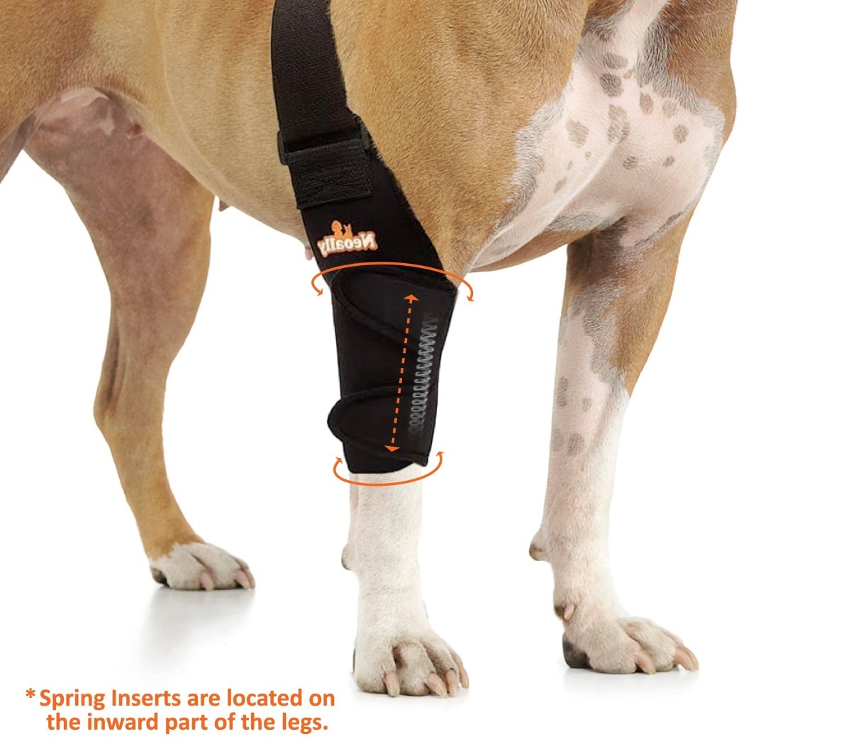 Pet front-leg elbow and shoulder brace with black straps and spring insert support