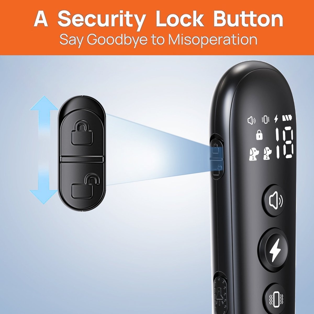 Black remote dog training collar with security lock button and lock icon shown