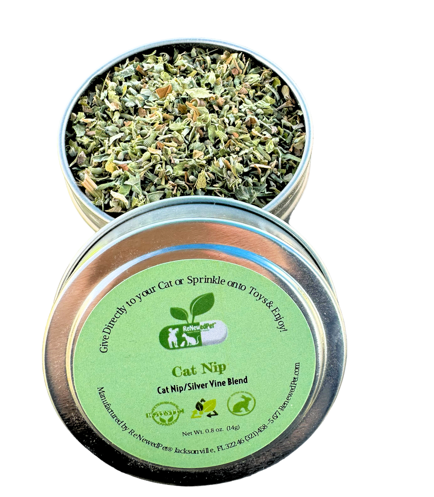 Cat nip and silver vine blend tin with open herbs and round lid label