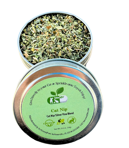 Cat nip and silver vine blend tin with open herbs and round lid label