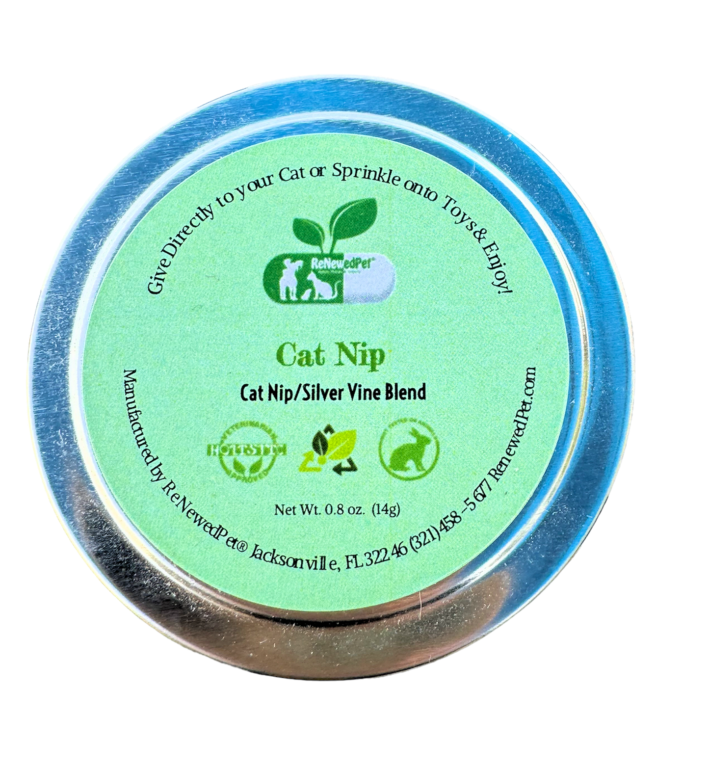 Cat nip and silver vine blend tin lid with green label and blue outer rim