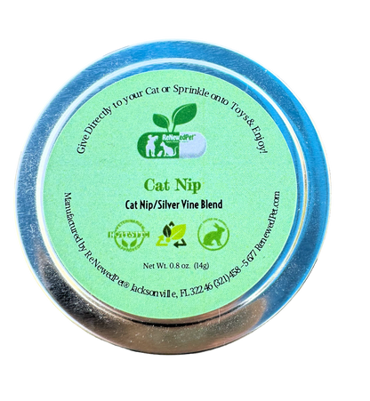 Cat nip and silver vine blend tin lid with green label and blue outer rim