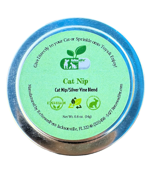 Cat nip and silver vine blend tin lid with green label and blue outer rim