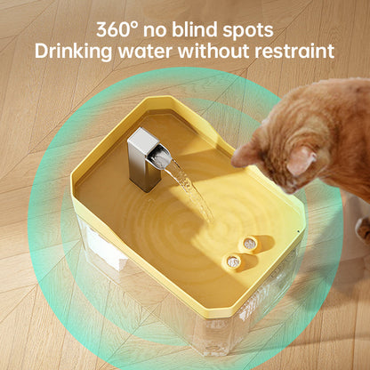 Yellow-tray transparent cat fountain viewed from above, water splashing, cat nearby