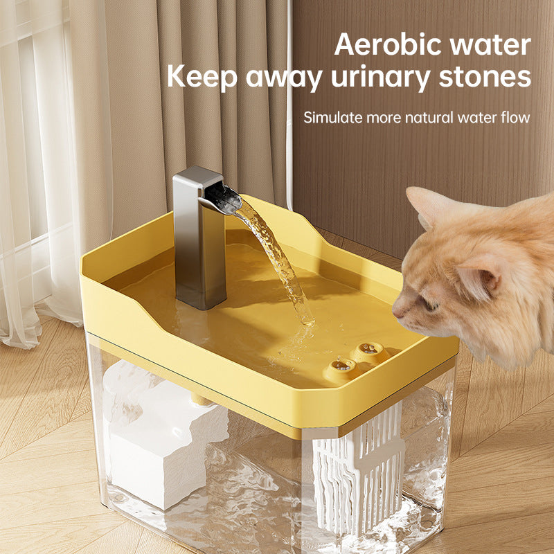 Cat drinking from a transparent yellow tray water fountain with stainless spout and stream