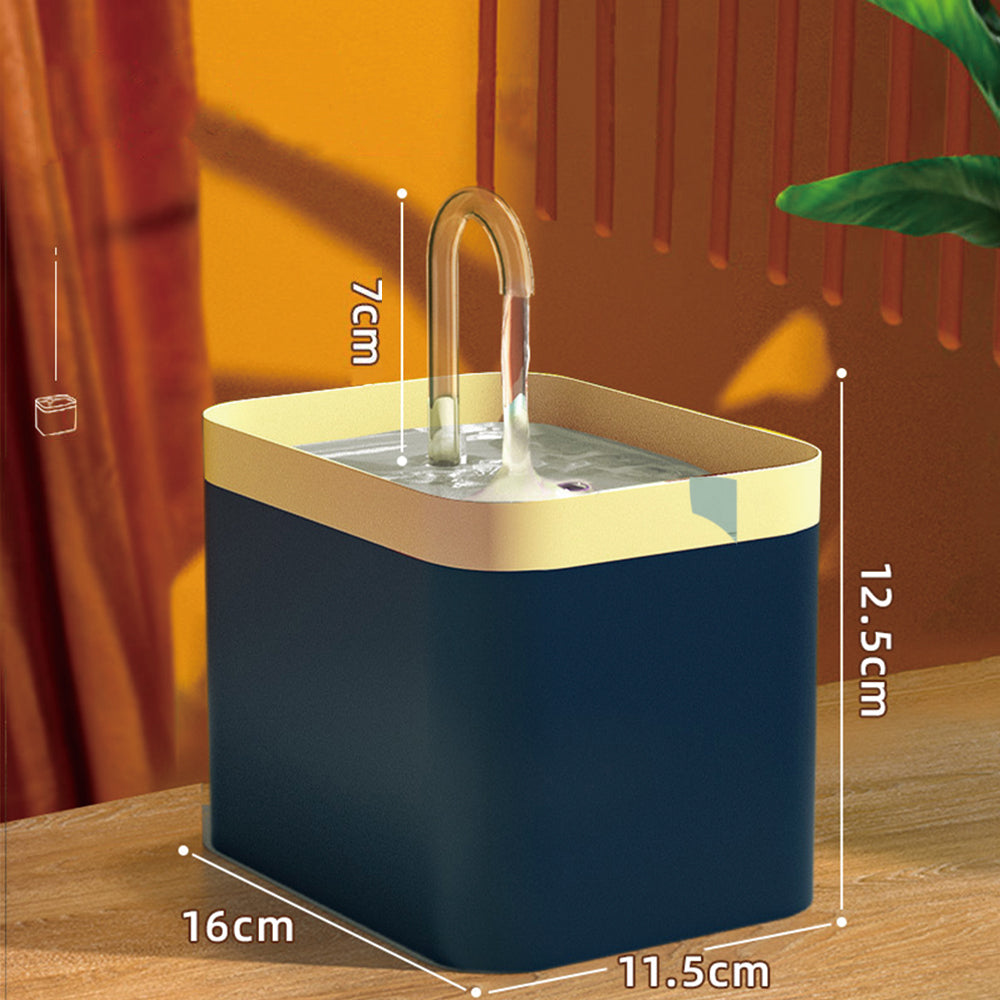Automatic cat water fountain with curved spout in navy and light top