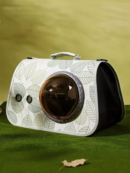 White leaf-pattern pet carrier bag with round bubble window and dark side panel