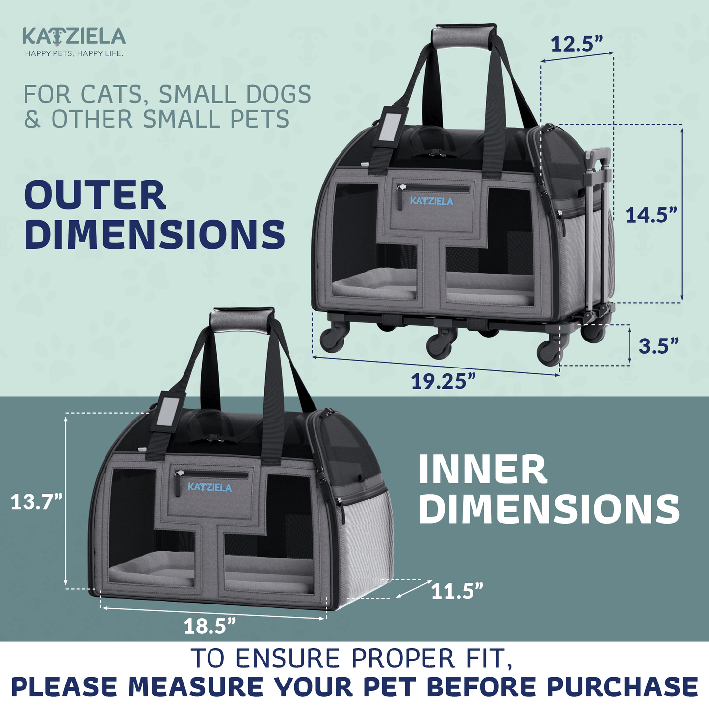 Pet carrier dimensions diagram with outer size and inner space for small pets