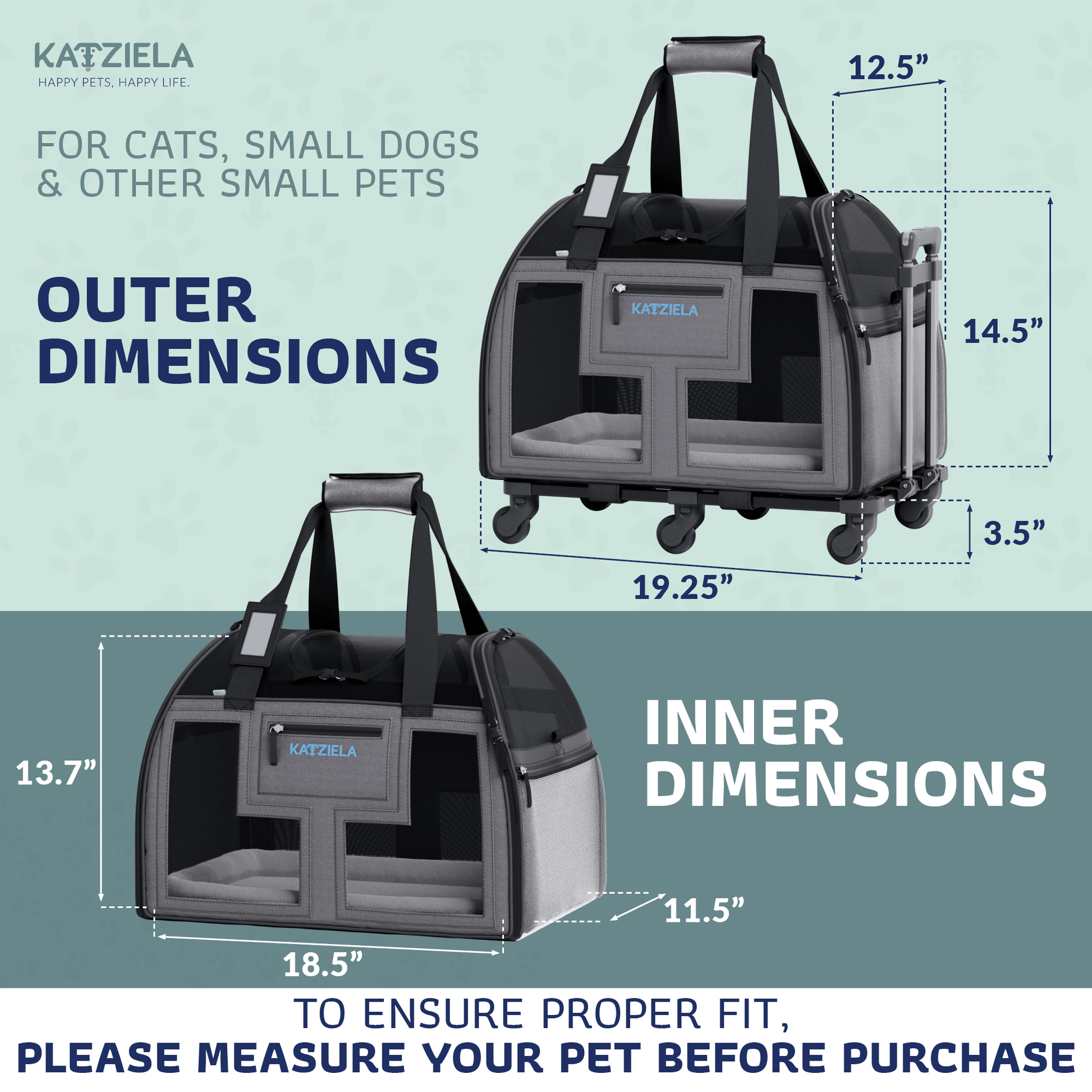 Pet carrier dimensions diagram with outer size and inner space for small pets