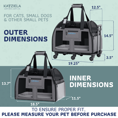 Pet carrier dimensions diagram with outer size and inner space for small pets