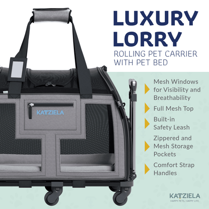 Rolling pet carrier with mesh windows, telescopic handle, and removable wheels; dark gray.