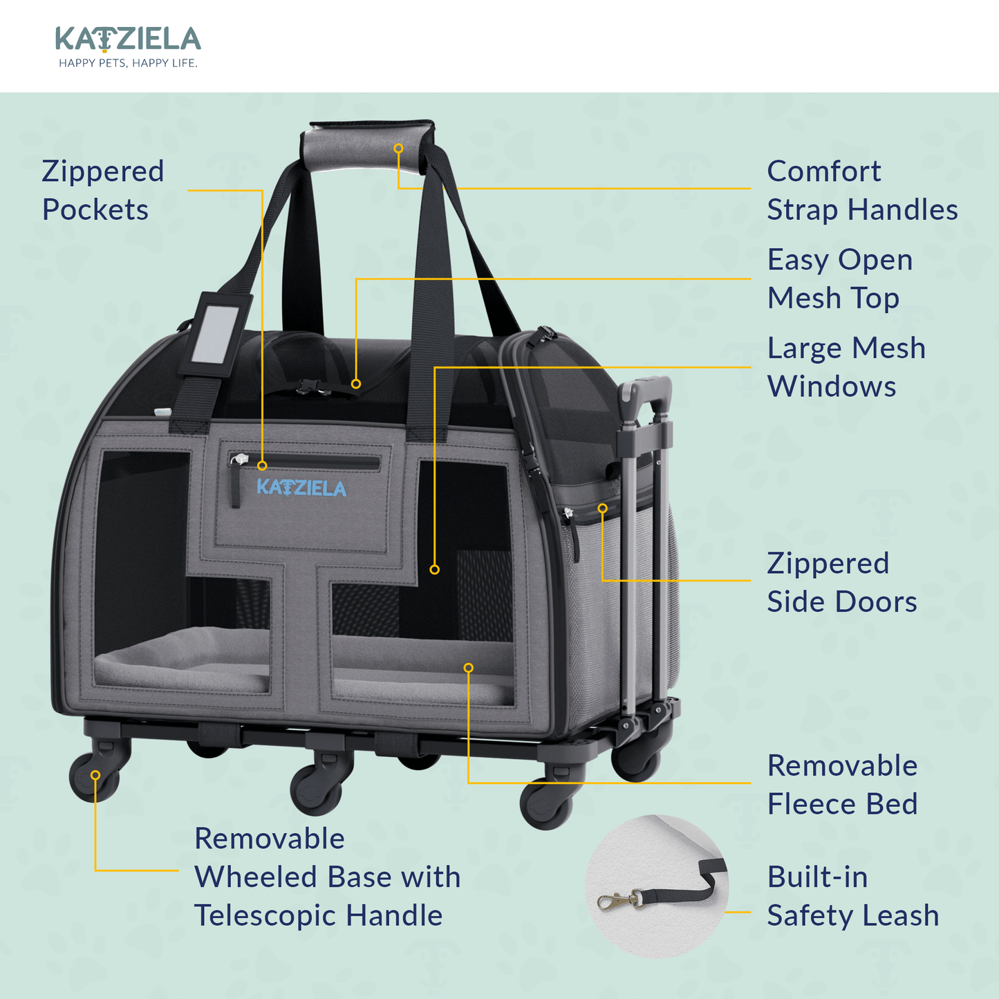 Rolling pet carrier with zippered top, side doors, mesh panels, and removable wheel base.