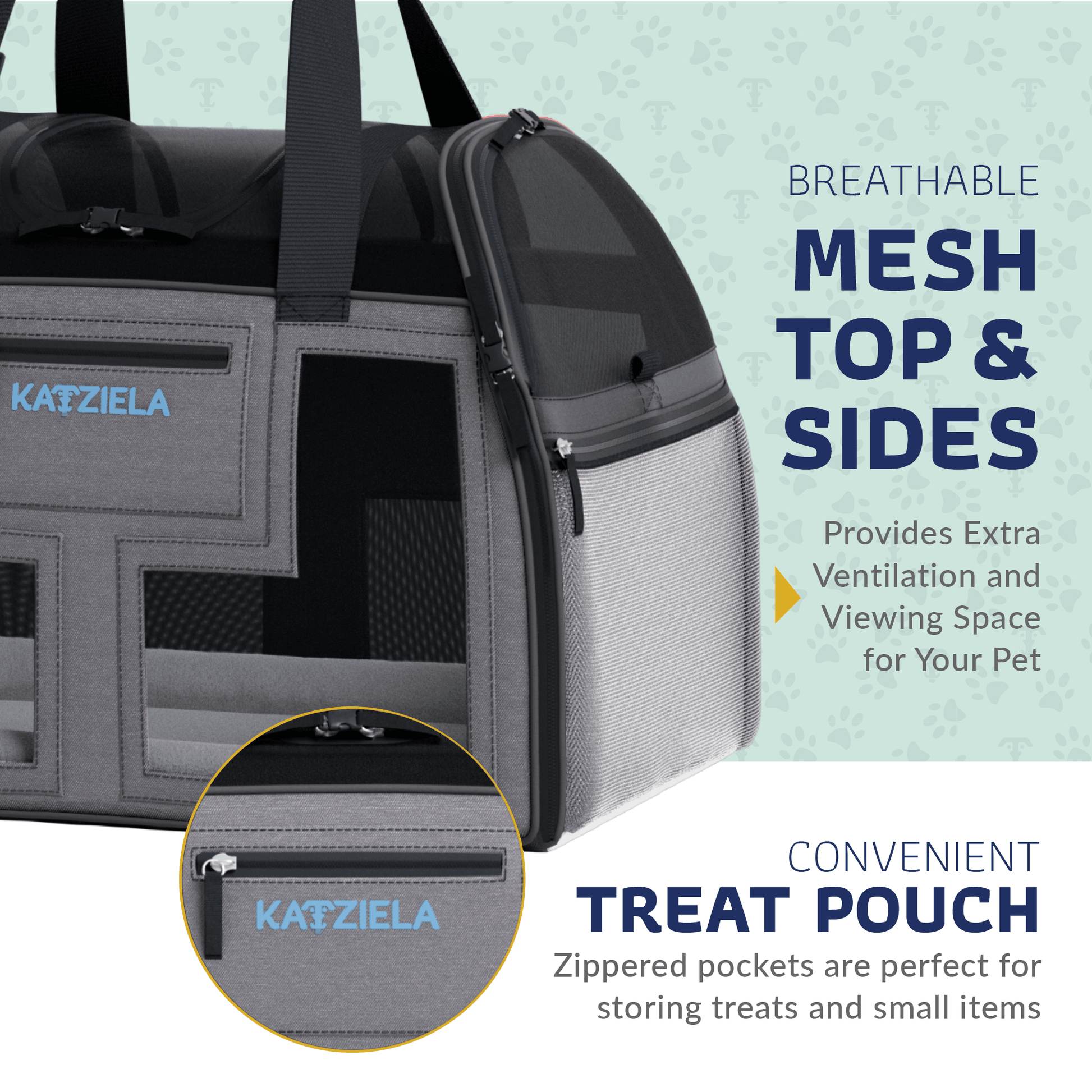 Pet carrier with breathable mesh top and sides; front zipper pocket; dark gray and light gray.