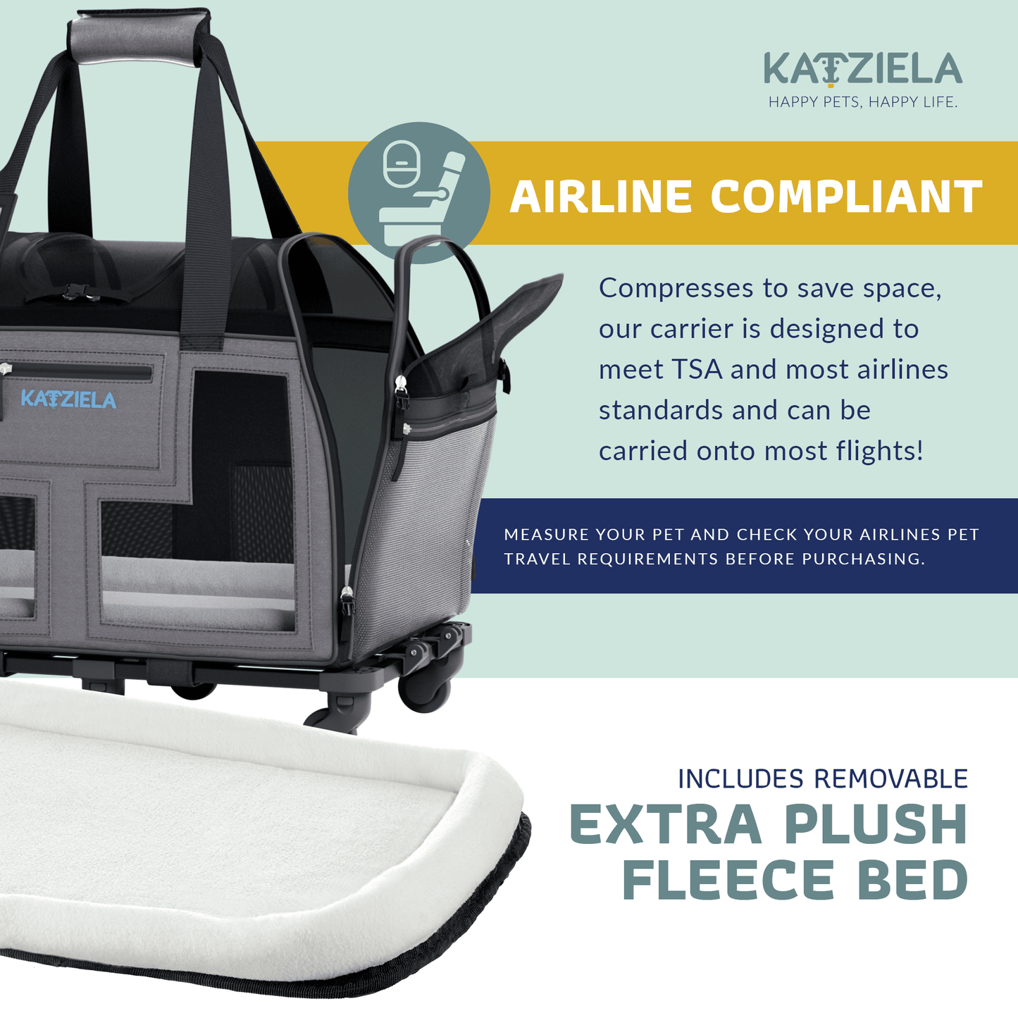 Airline-compliant rolling pet carrier with telescopic handle and extra plush fleece bed included.