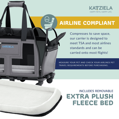 Airline-compliant rolling pet carrier with telescopic handle and extra plush fleece bed included.