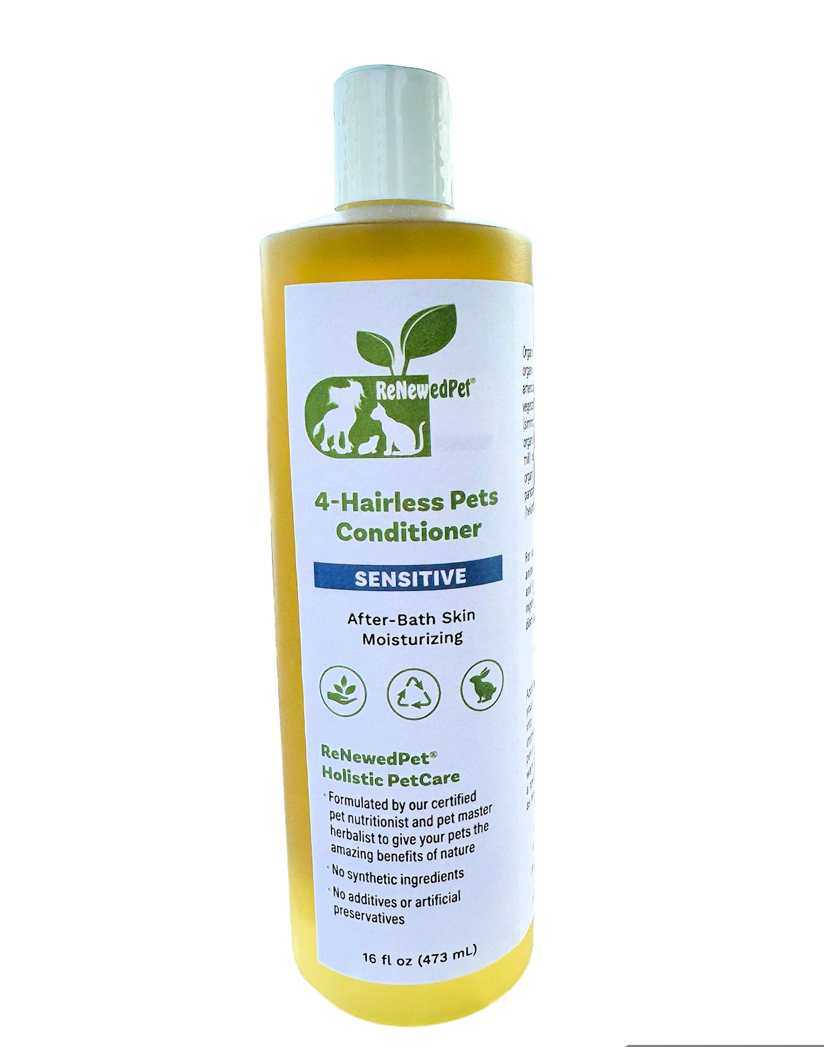 RenewedPet 4-Hairless Pets Sensitive conditioner bottle, front label, yellow bottle