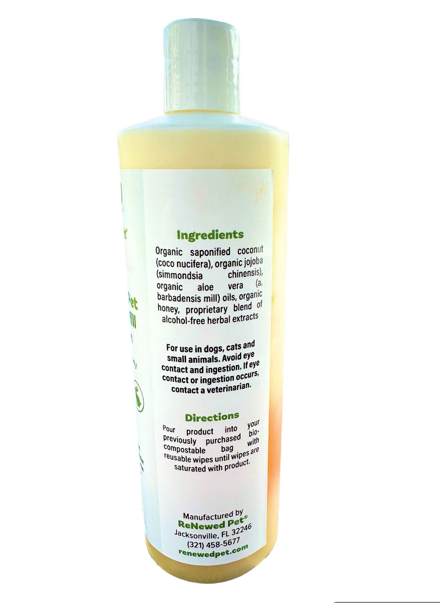 RenewedPet conditioner bottle back label with ingredients text, clear cap, yellow bottle