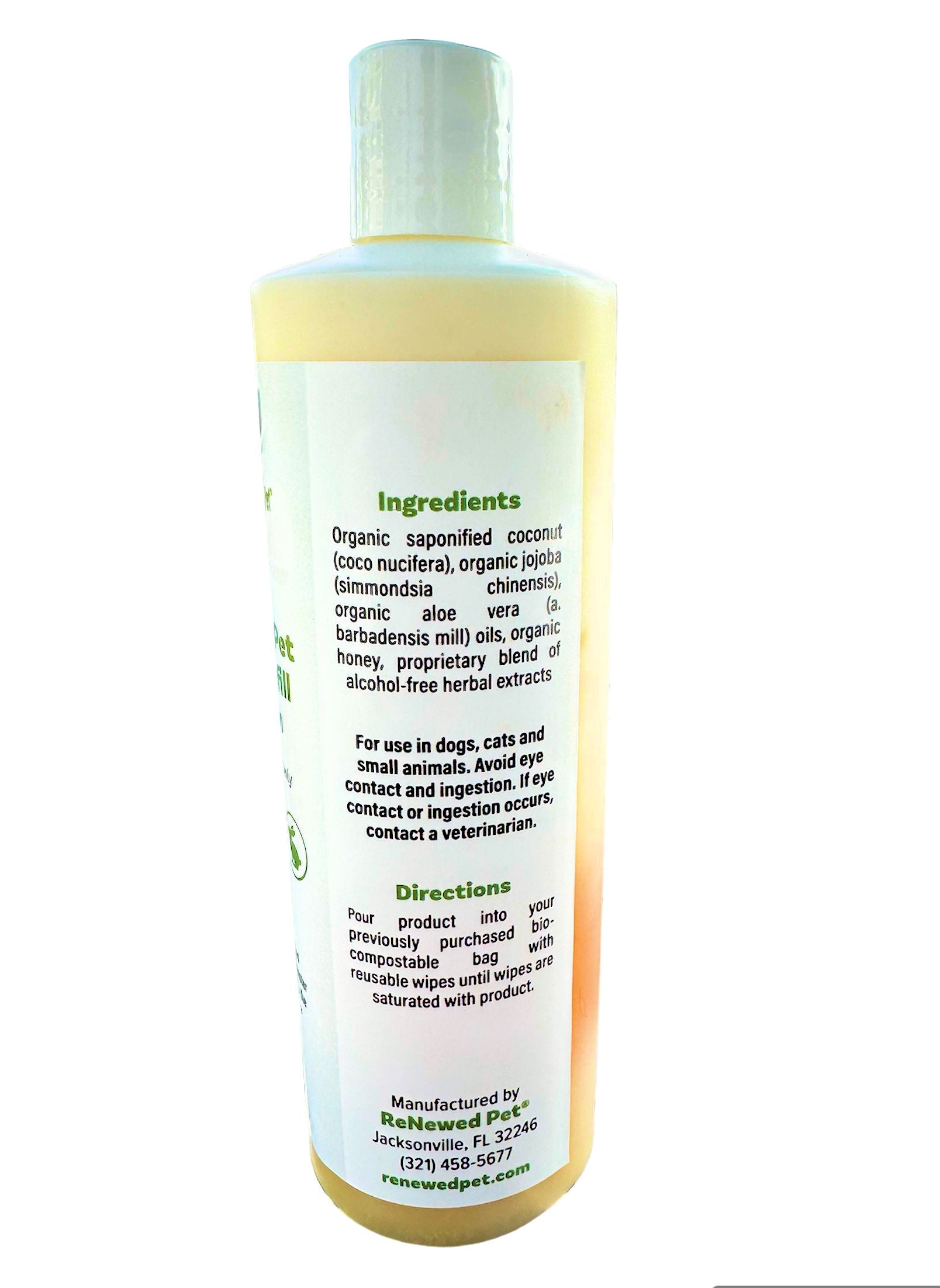 RenewedPet conditioner bottle back label with ingredients text, clear cap, yellow bottle
