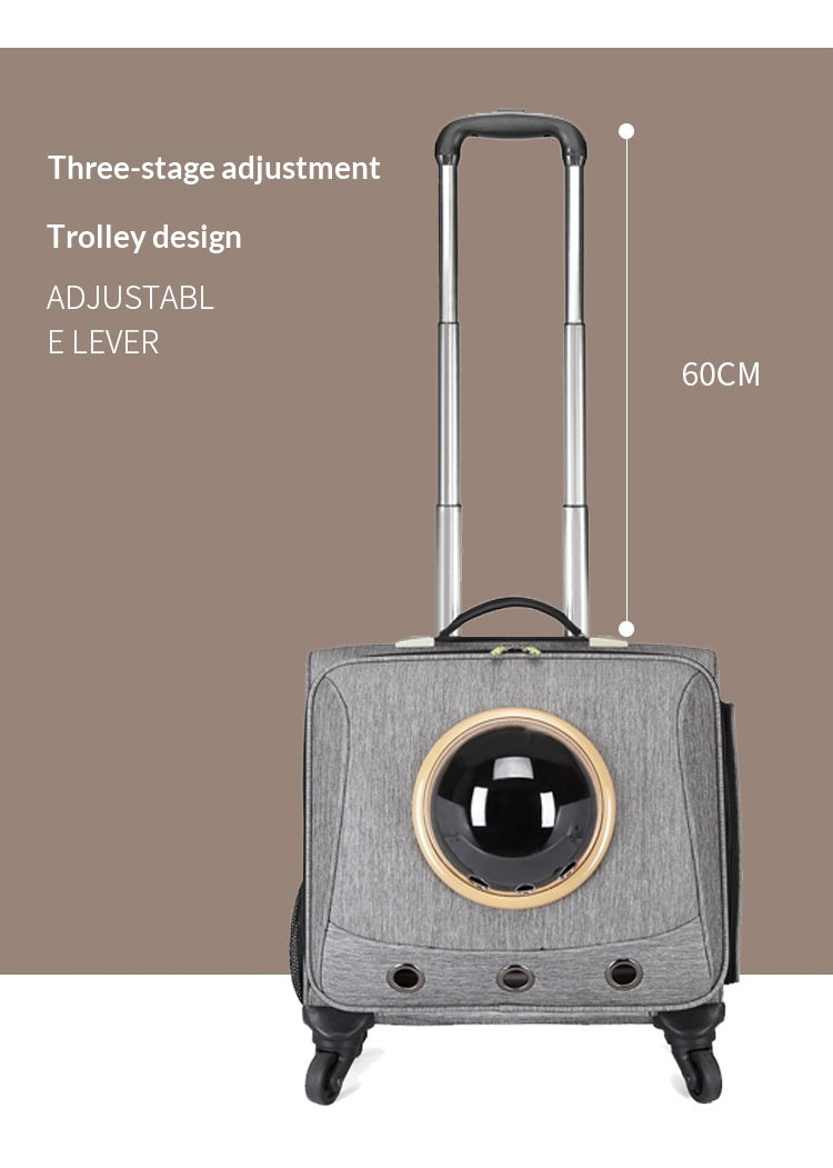 Light gray rolling pet carrier on extendable trolley handle with 60cm size label