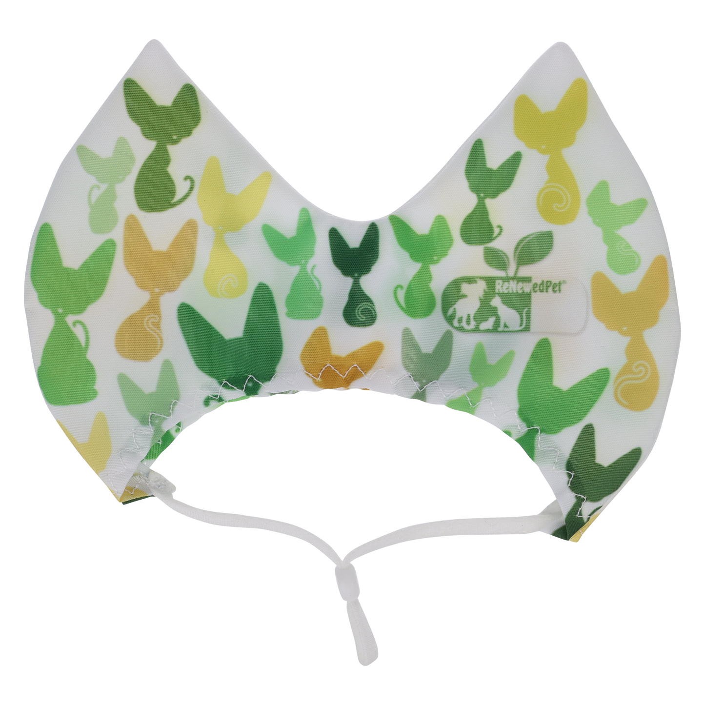 White pet shower ear sun cap with green and yellow animal print, drawstring ties