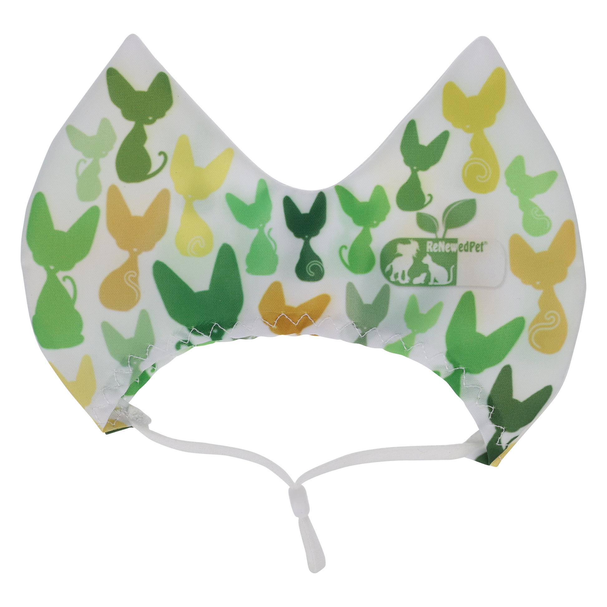 White pet shower ear sun cap with green and yellow animal print, drawstring ties
