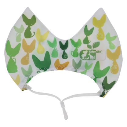 White pet shower ear sun cap with green and yellow animal print, drawstring ties
