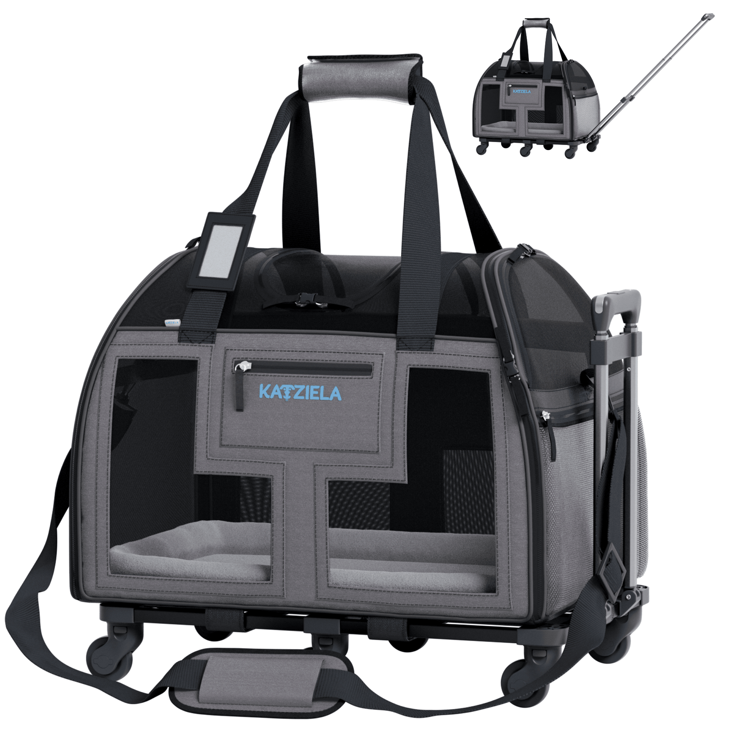 Black and dark gray rolling pet carrier with telescopic handle and four caster wheels