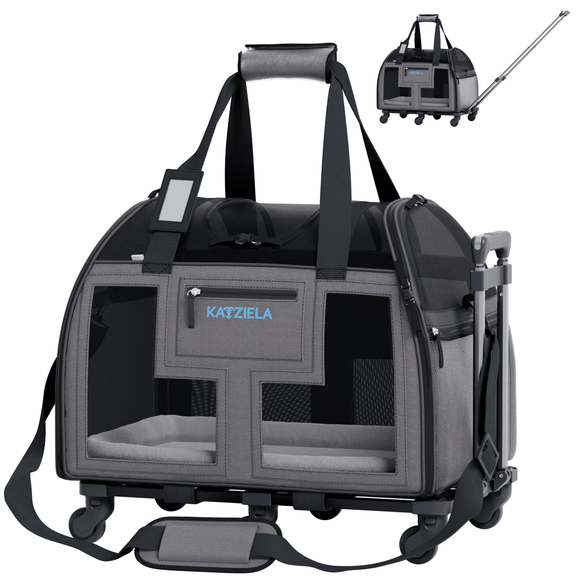 Black and dark gray rolling pet carrier with telescopic handle and four caster wheels