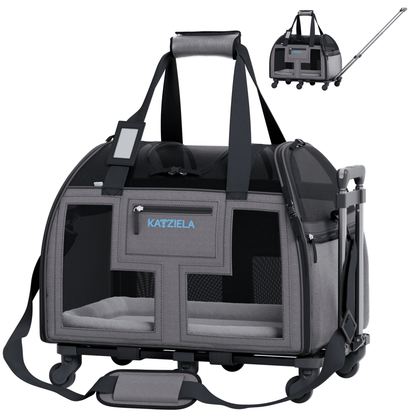 Black and dark gray rolling pet carrier with telescopic handle and four caster wheels