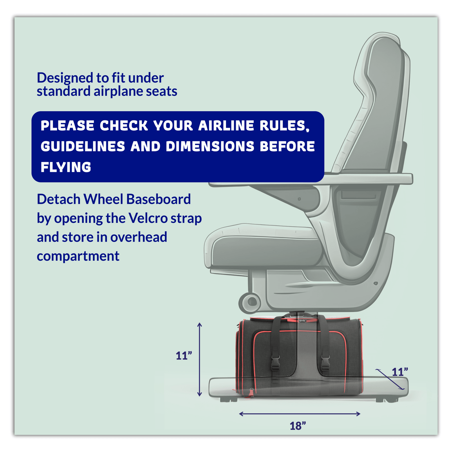 Airline seat fit diagram for expandable wheeled pet carrier with red base and side dimensions