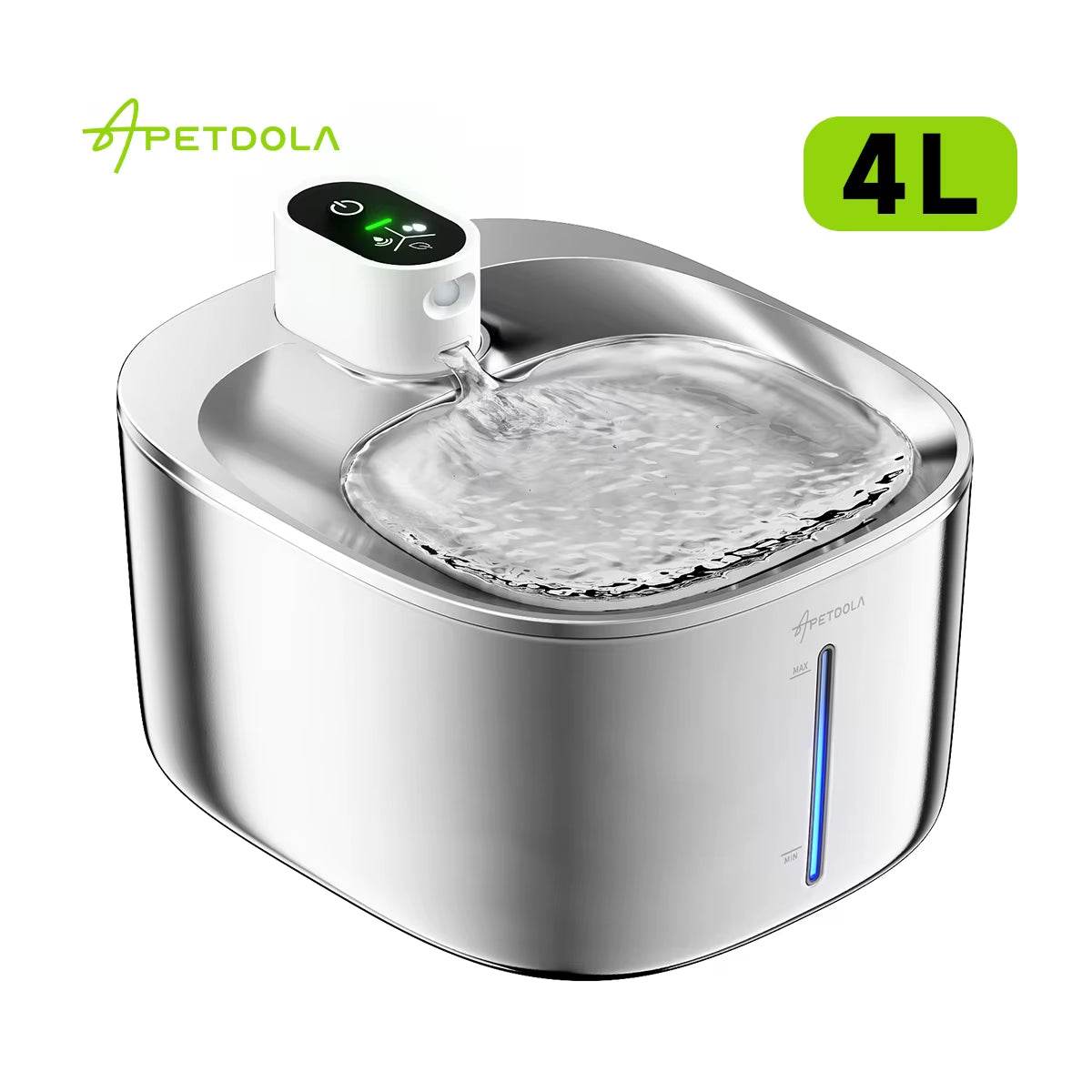 Stainless steel 4L cordless pet water fountain with top control panel and water basin