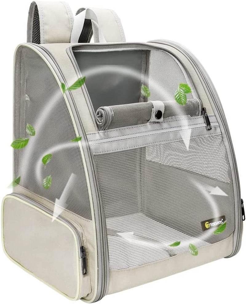 Cream pet travel carrier with clear mesh front, rolled mat inside, and zip openings
