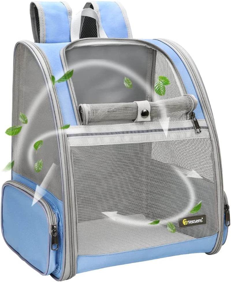 Light blue pet travel carrier with front mesh window, rolled pad, and zip compartments
