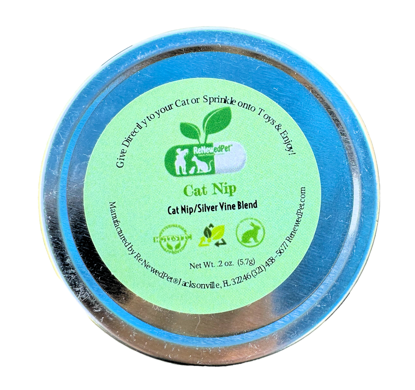 Cat nip and silver vine blend tin lid, green label on blue-edged jar top