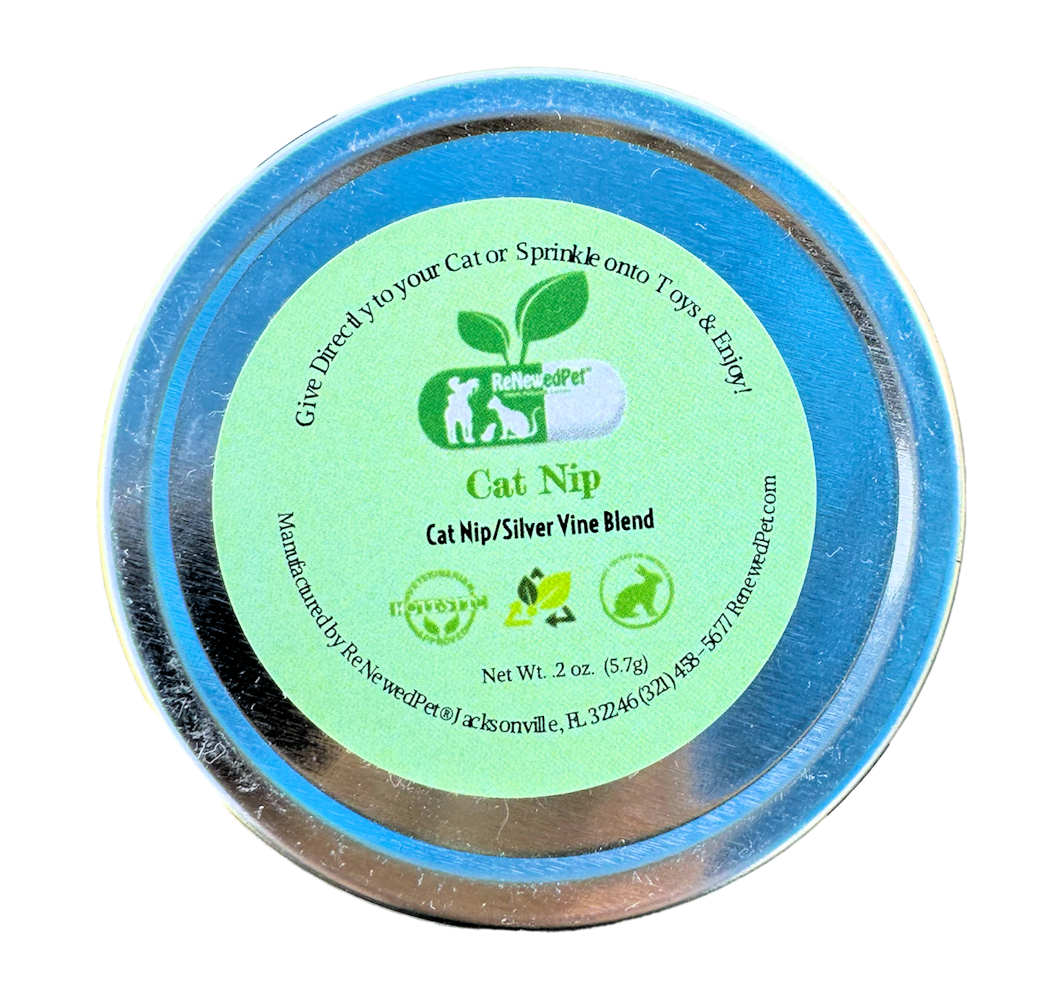 Cat nip and silver vine blend tin lid, green label on blue-edged jar top