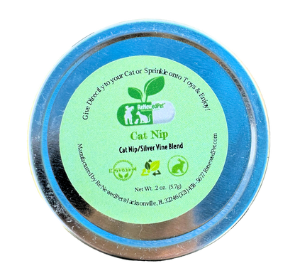 Cat nip and silver vine blend tin lid, green label on blue-edged jar top