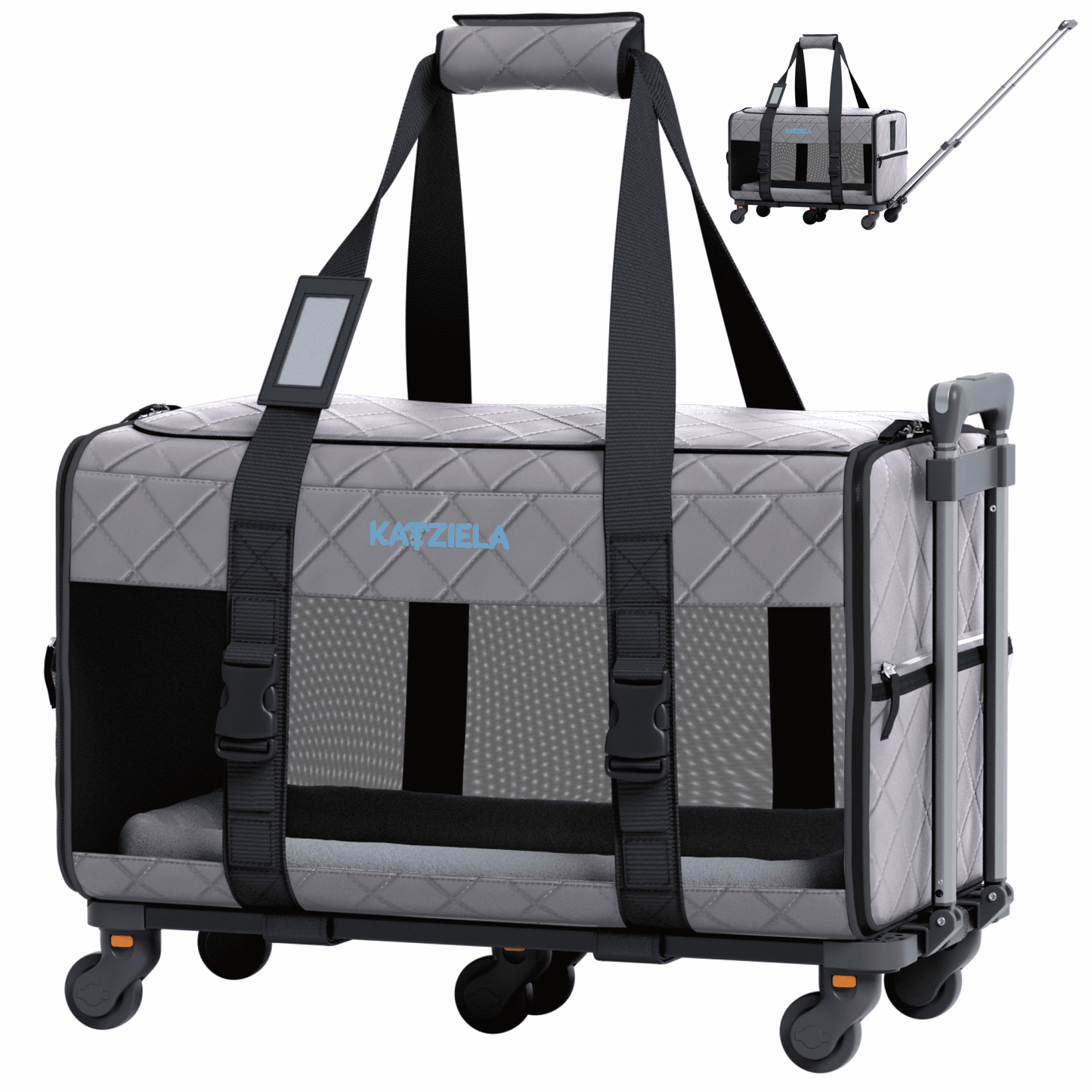 Quilted pet carrier with rolling wheels, black straps, and telescopic handle in light gray