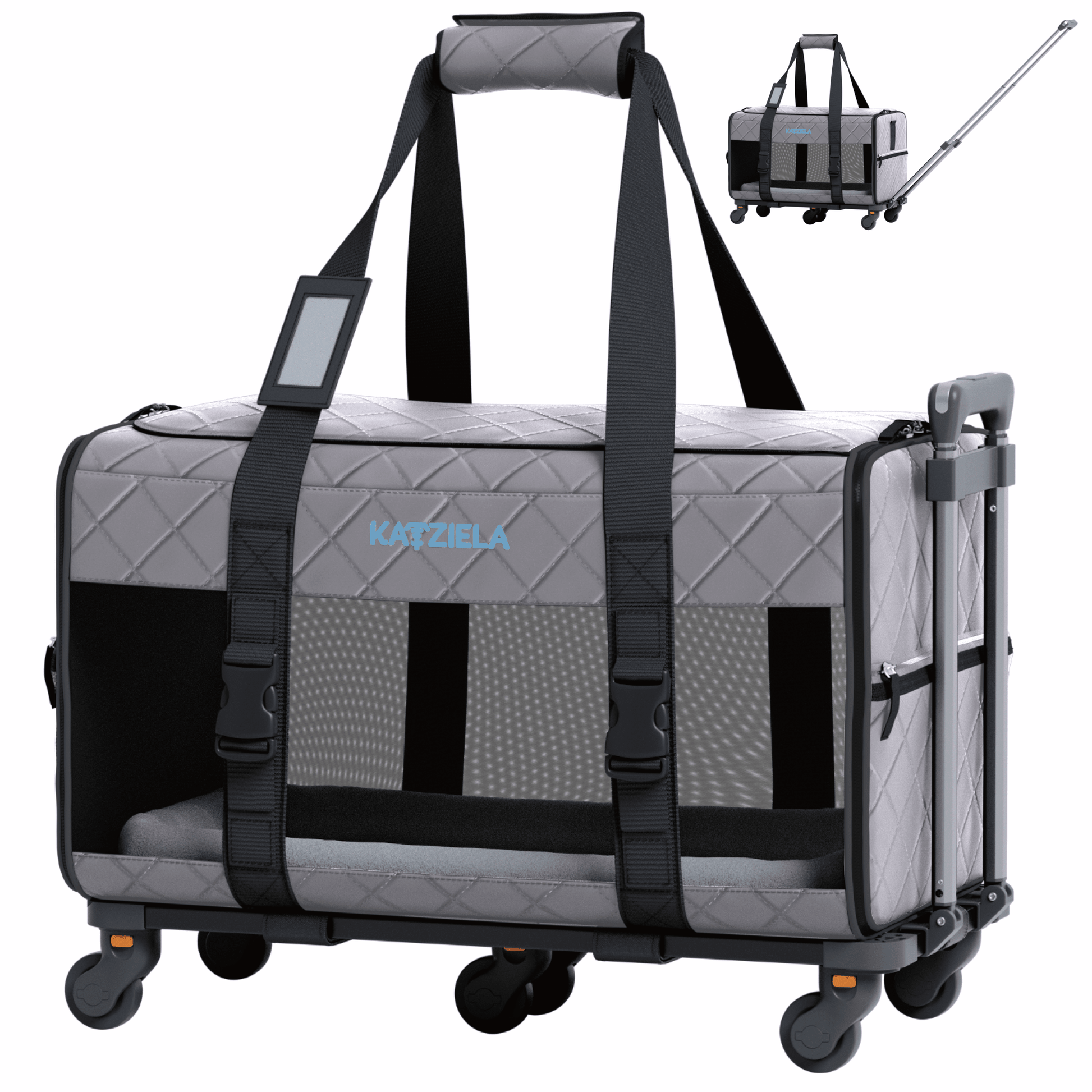 Quilted pet carrier with rolling wheels, black straps, and telescopic handle in light gray