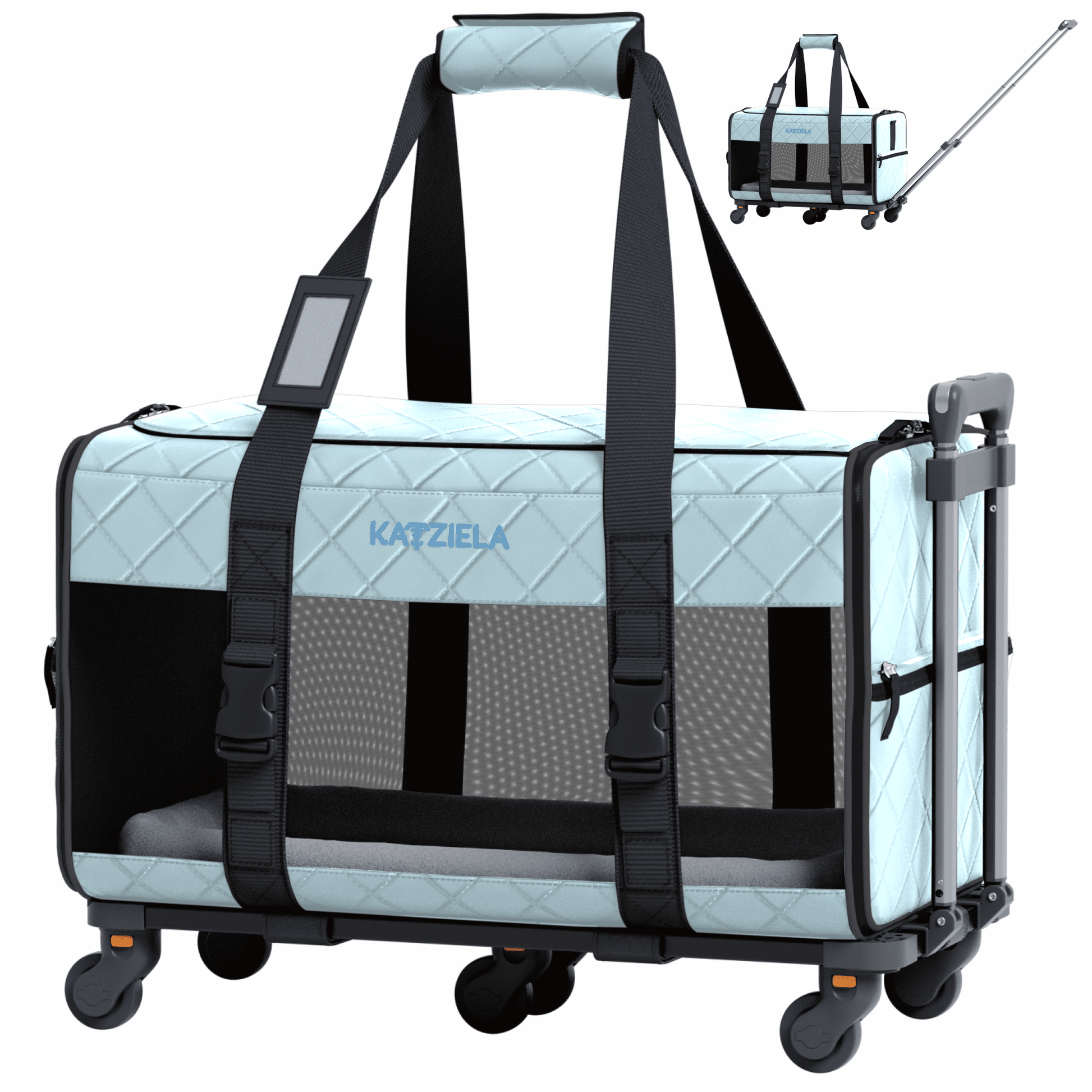 Quilted rolling pet carrier with mesh windows and telescopic handle, light blue and gray