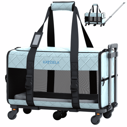 Quilted rolling pet carrier with mesh windows and telescopic handle, light blue and gray