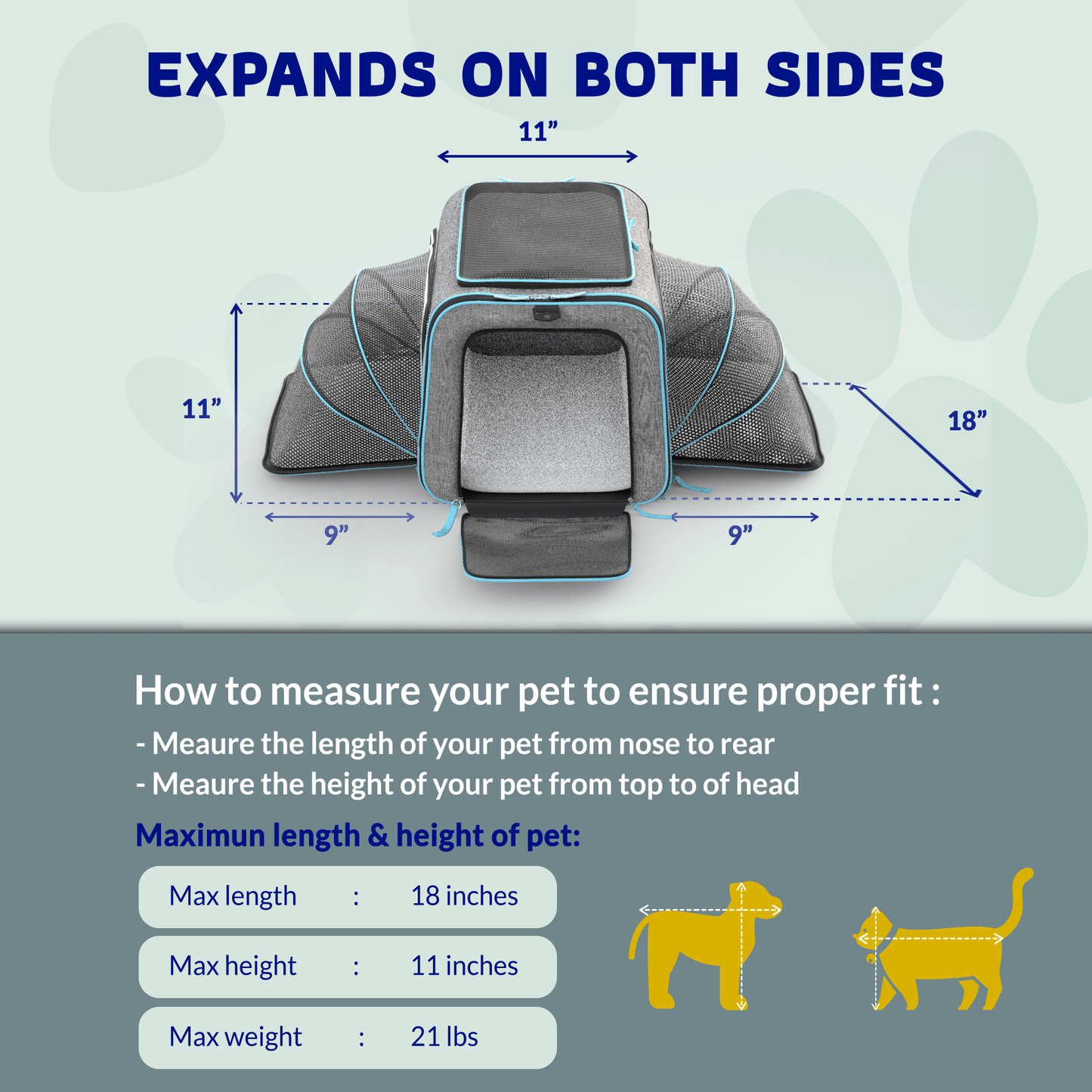 Expandable gray pet carrier with blue trim, front entrance, and extended side panels