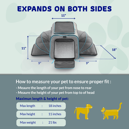 Expandable gray pet carrier with blue trim, front entrance, and extended side panels