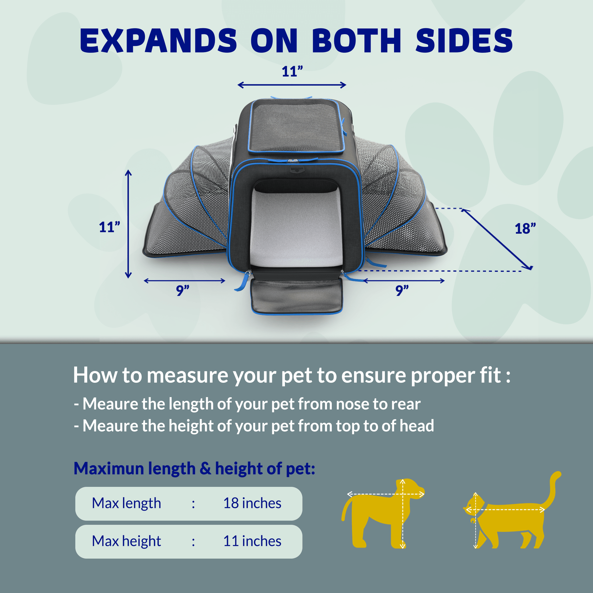Expandable wheeled pet carrier showing measurements and expansion on both sides, gray with black base