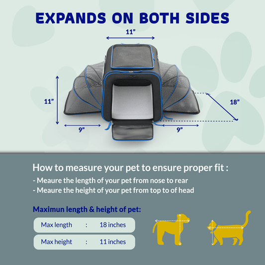 Expandable wheeled pet carrier showing measurements and expansion on both sides, gray with black base